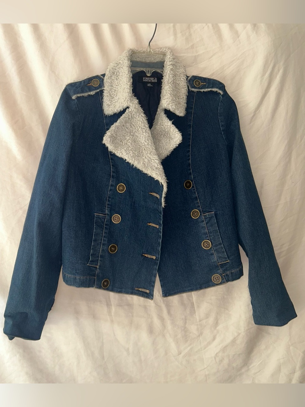 Forever 21 Dark Blue Denim Jacket with White Sherpa Collar